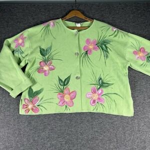 Vintage Cottagecore Painted Cardigan Sweater Floral Spring Shane Lee USA Size XL